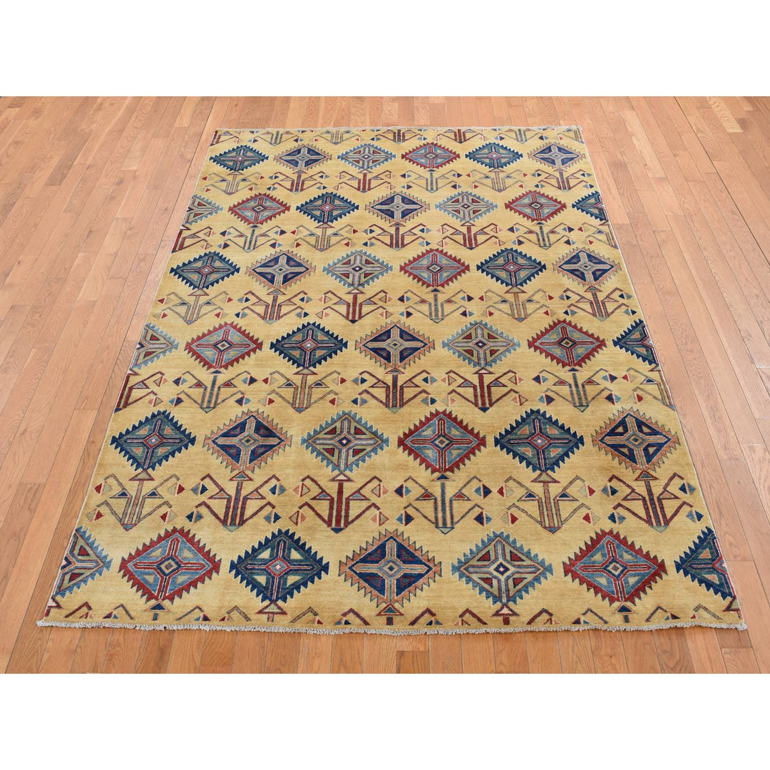 6'1" x 9'1" New Hand Knotted Yellow Wool Rectangle Oriental Rug - MOA10287013