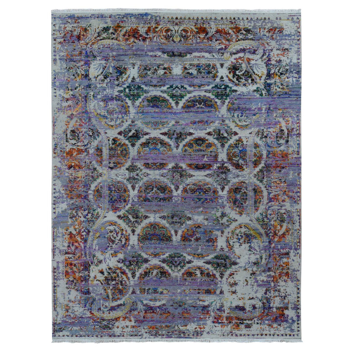9'0" x 12'0" New Hand Knotted Purple Wool & Sari Silk Rectangle Oriental Rug - MOA10287116