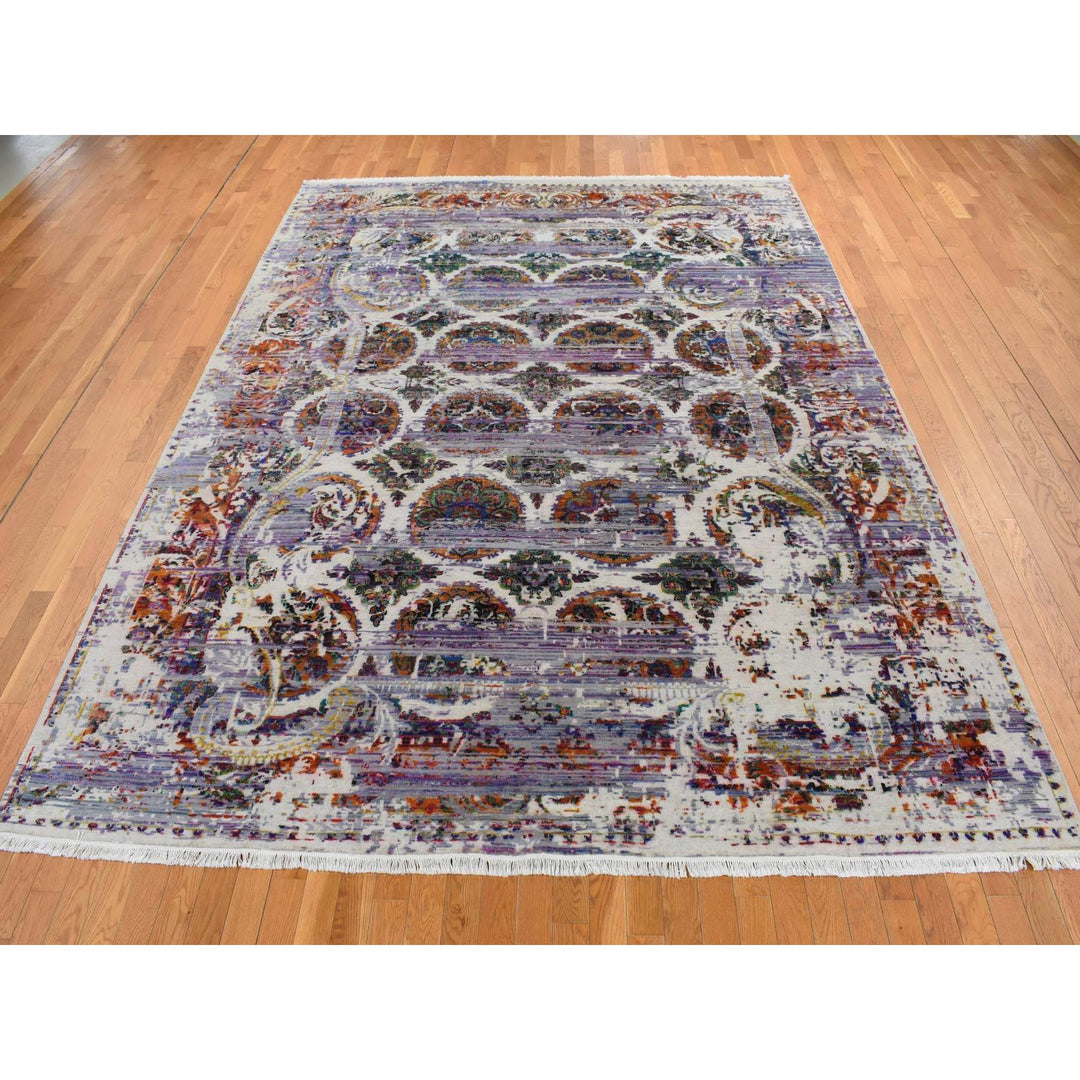 9'0" x 12'0" New Hand Knotted Purple Wool & Sari Silk Rectangle Oriental Rug - MOA10287116