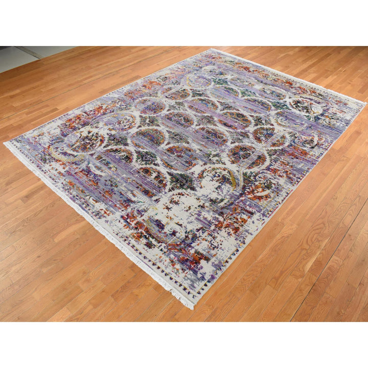 9'0" x 12'0" New Hand Knotted Purple Wool & Sari Silk Rectangle Oriental Rug - MOA10287116