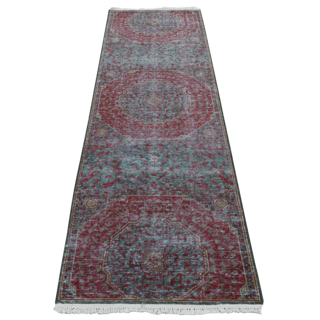 2'6" x 9'10" New Hand Knotted Green Worn Wool Runner Oriental Rug - MOA10287265