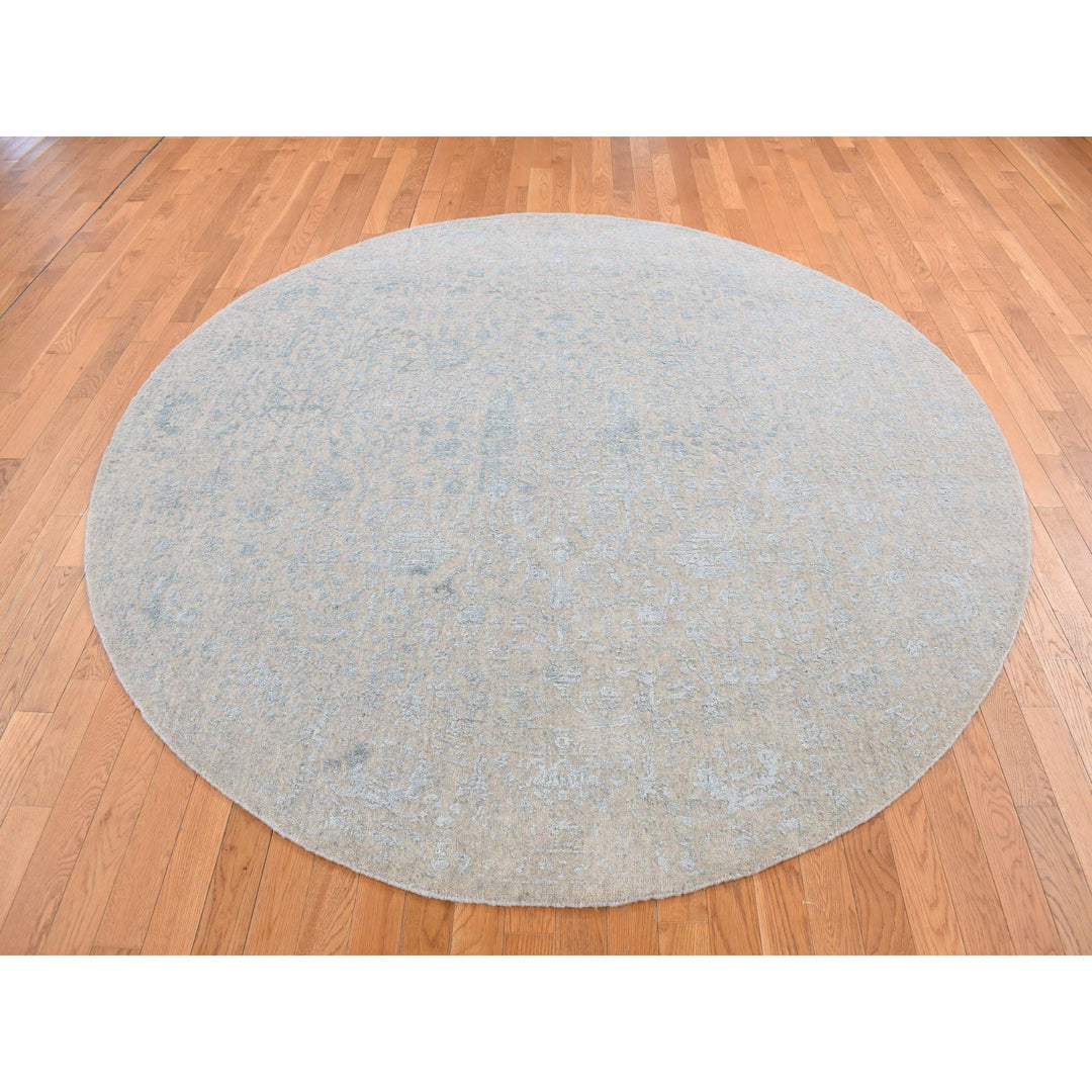 8'0" x 8'0" New Hand Loomed Grey Wool & Silk Round Oriental Rug - MOA10287368