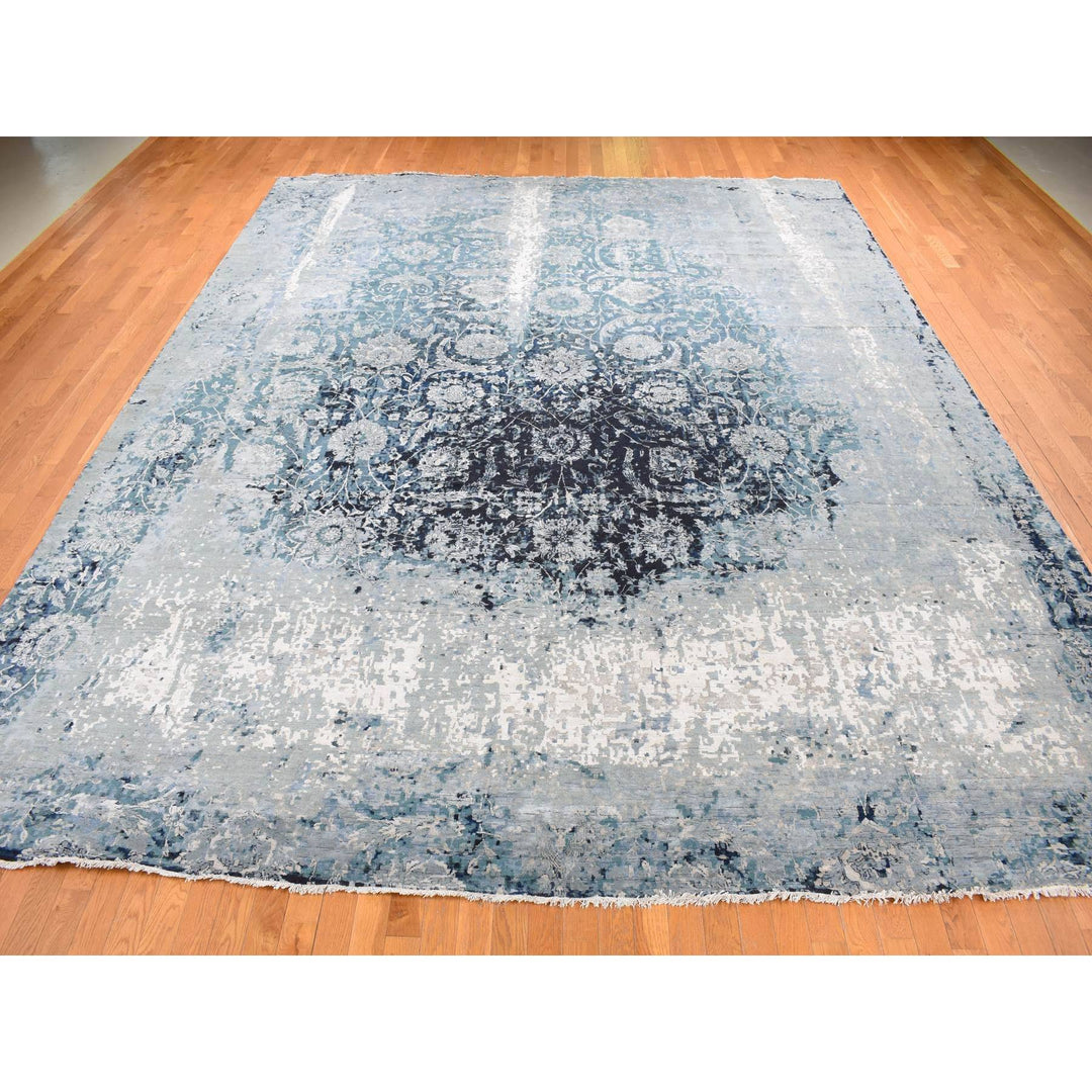 12'0" x 15'1" New Hand Knotted Grey Wool & Silk Rectangle Oriental Rug - MOA10287646
