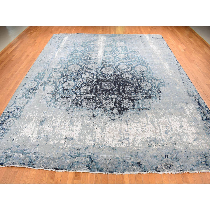 12'0" x 15'1" New Hand Knotted Grey Wool & Silk Rectangle Oriental Rug - MOA10287646
