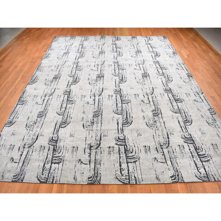 11'9" x 14'10" New Hand Knotted Grey Wool & Silk Rectangle Oriental Rug - MOA10287662