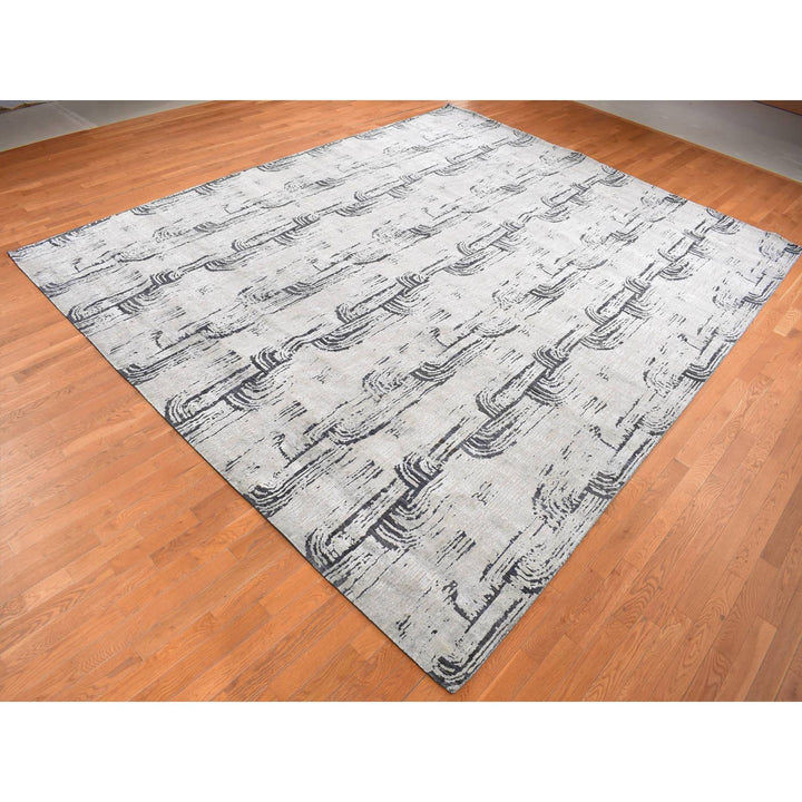 11'9" x 14'10" New Hand Knotted Grey Wool & Silk Rectangle Oriental Rug - MOA10287662