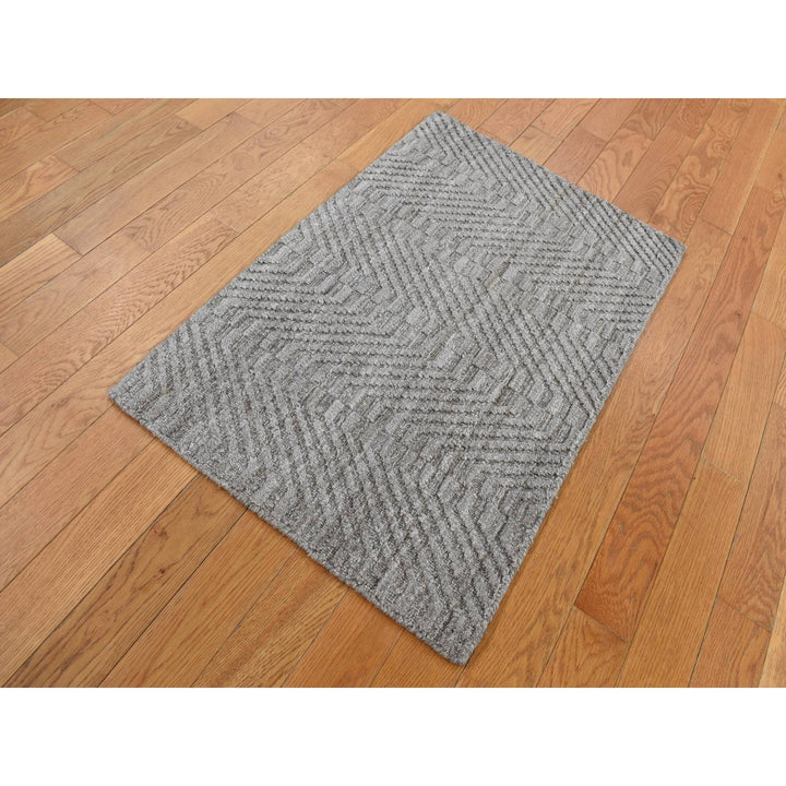 2'0" x 3'0" New Hand Loomed Grey Wool Rectangle Oriental Rug - MOA10287835