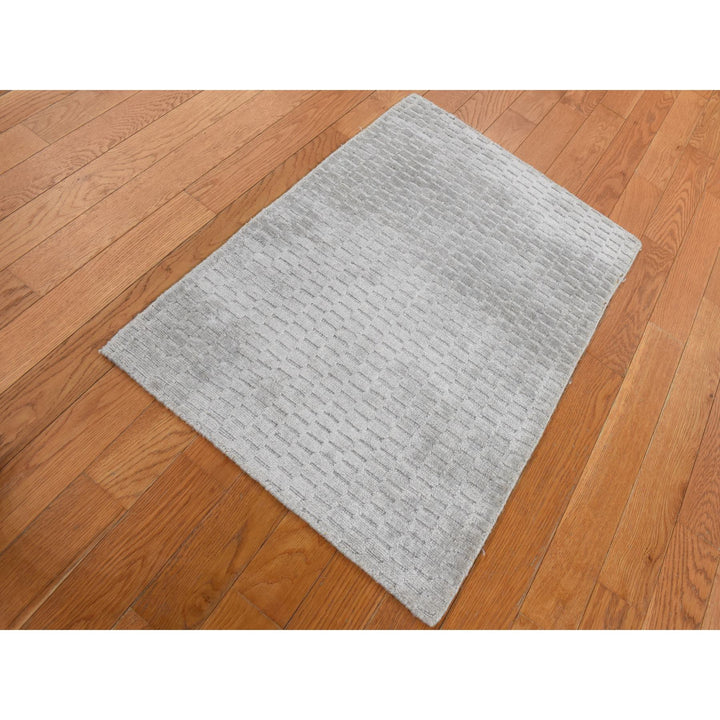 2'0" x 3'0" New Hand Loomed Grey Wool & Silk Rectangle Oriental Rug - MOA10287839