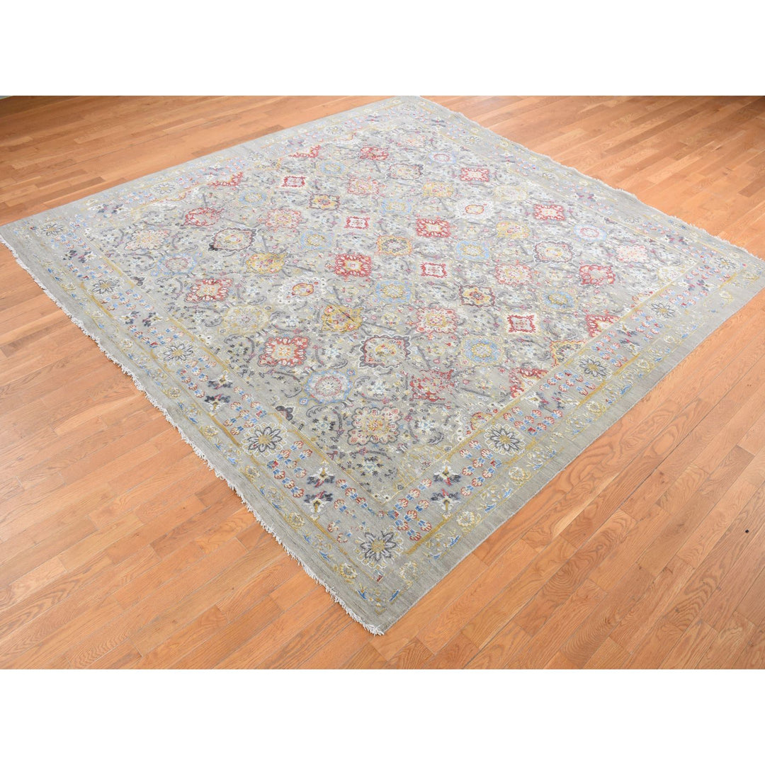 10'0" x 10'6" New Hand Knotted Grey Wool & Silk Square Oriental Rug - MOA10287946
