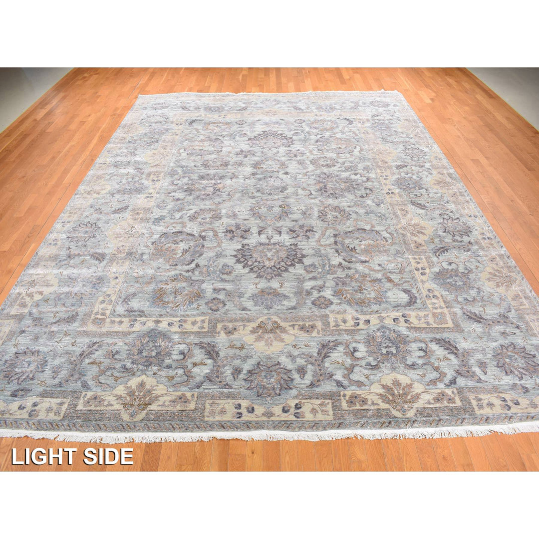 11'8" x 15'3" New Hand Knotted Green Wool & Silk Rectangle Oriental Rug - MOA10287993