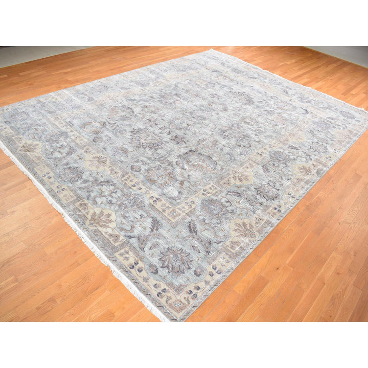 11'8" x 15'3" New Hand Knotted Green Wool & Silk Rectangle Oriental Rug - MOA10287993