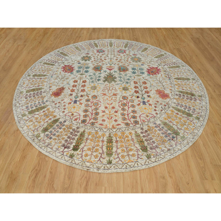 11'9" x 11'9" New Hand Knotted Beige Wool & Silk Round Oriental Rug - MOA10290255