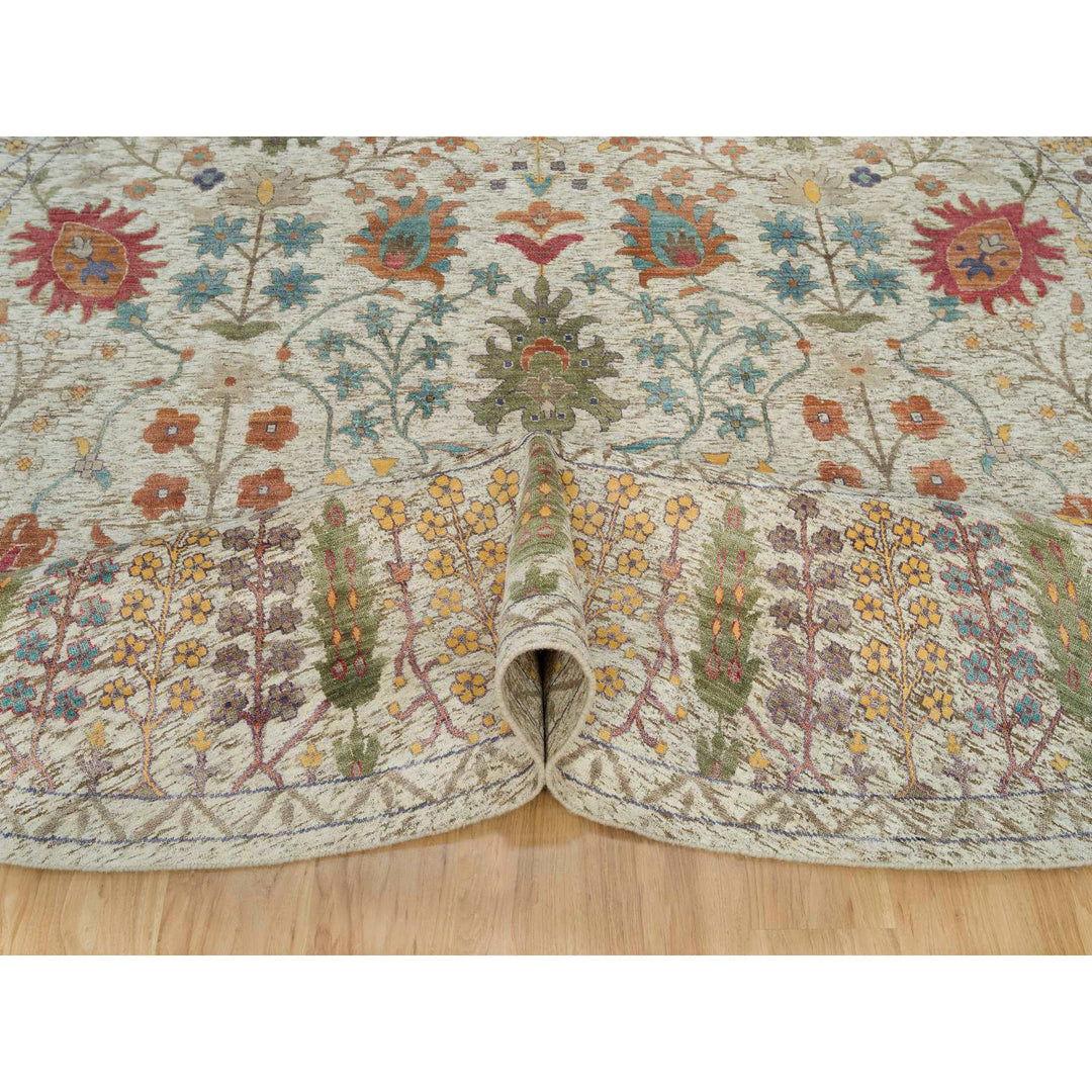 11'9" x 11'9" New Hand Knotted Beige Wool & Silk Round Oriental Rug - MOA10290255