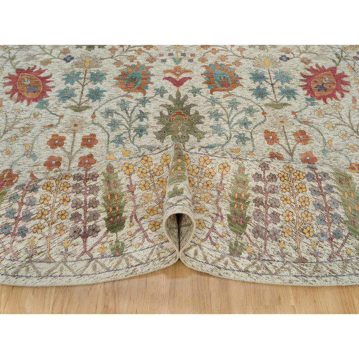 11'9" x 11'9" New Hand Knotted Beige Wool & Silk Round Oriental Rug - MOA10290255