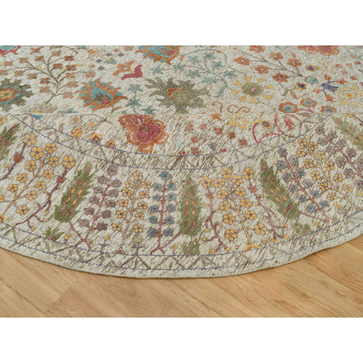 11'9" x 11'9" New Hand Knotted Beige Wool & Silk Round Oriental Rug - MOA10290255