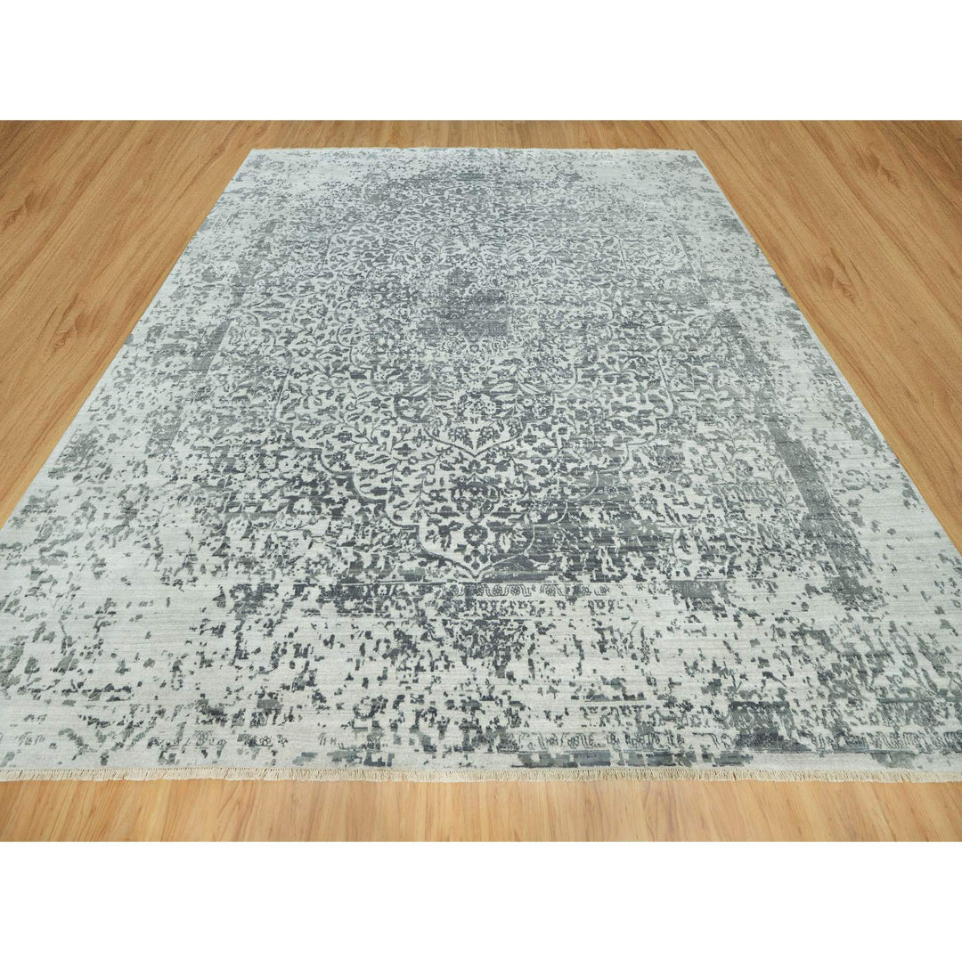 13'9" x 13'10" New Hand Knotted Grey Wool & Silk Square Oriental Rug - MOA10290477