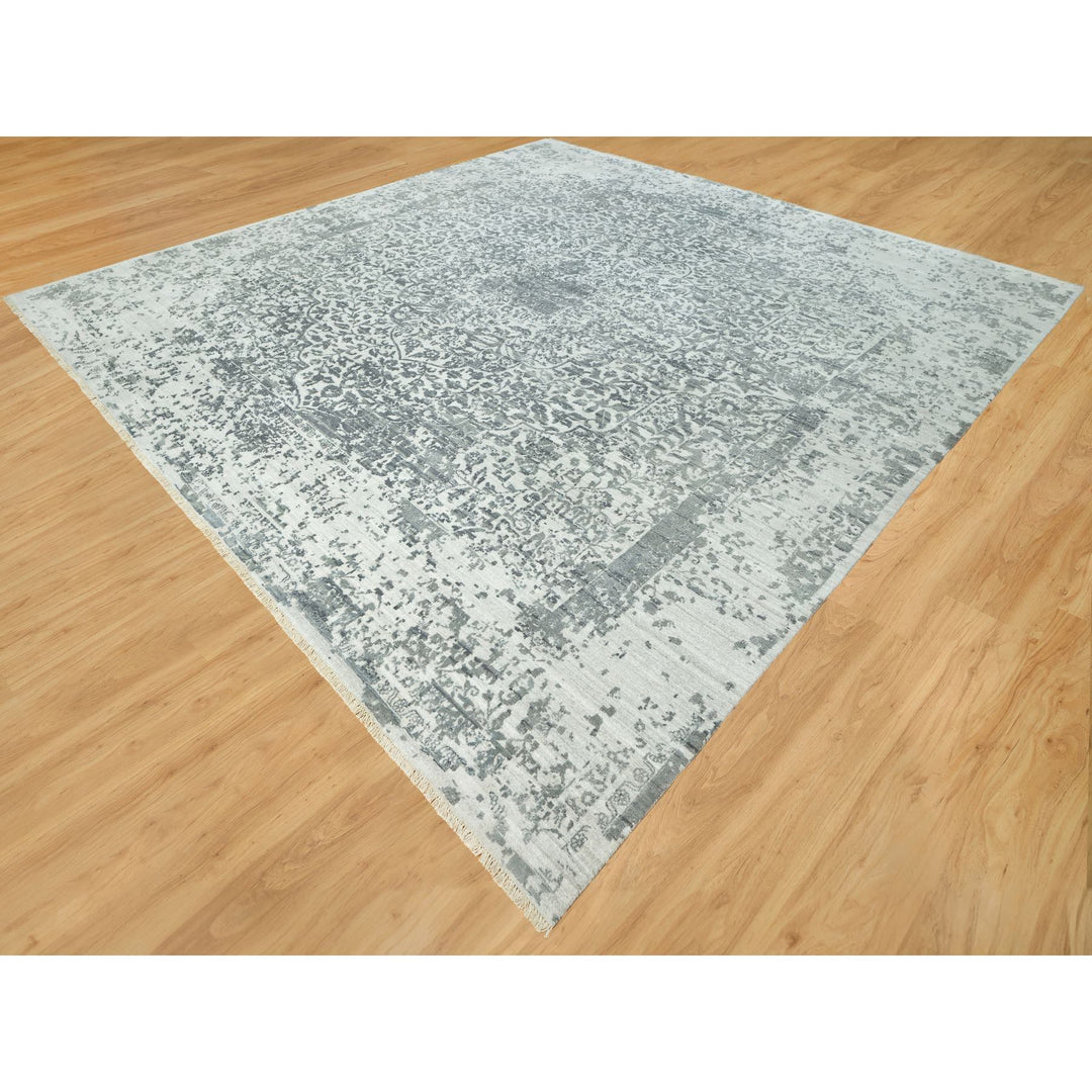 13'9" x 13'10" New Hand Knotted Grey Wool & Silk Square Oriental Rug - MOA10290477