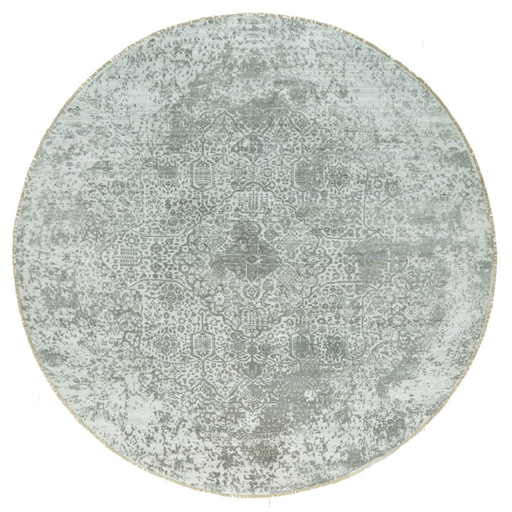 13'10" x 13'10" New Hand Knotted Grey Wool & Silk Round Oriental Rug - MOA10290483