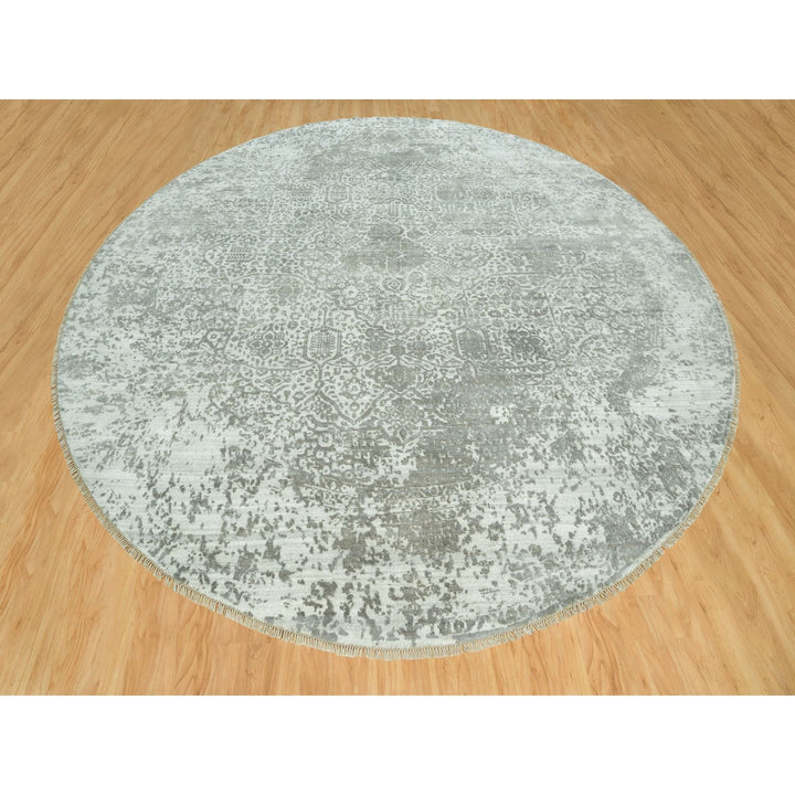 13'10" x 13'10" New Hand Knotted Grey Wool & Silk Round Oriental Rug - MOA10290483