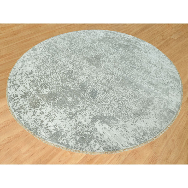 13'10" x 13'10" New Hand Knotted Grey Wool & Silk Round Oriental Rug - MOA10290483