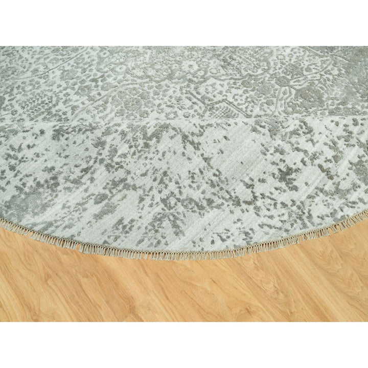 13'10" x 13'10" New Hand Knotted Grey Wool & Silk Round Oriental Rug - MOA10290483