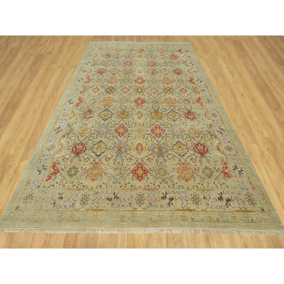 10'3" x 13'10" New Hand Knotted Beige Wool & Silk Rectangle Oriental Rug - MOA10290535