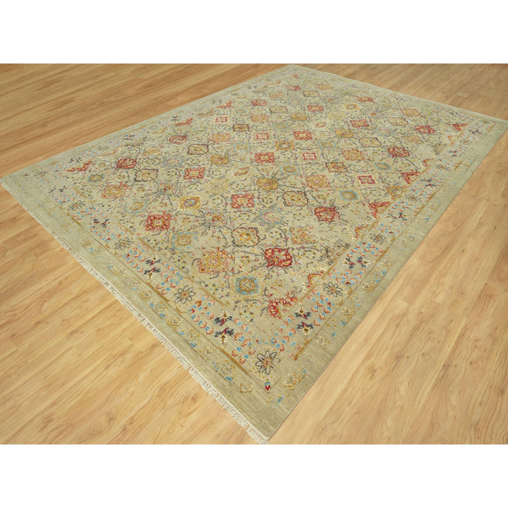 10'3" x 13'10" New Hand Knotted Beige Wool & Silk Rectangle Oriental Rug - MOA10290535