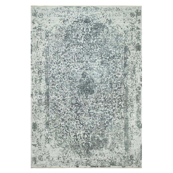 12'1" x 18'0" New Hand Knotted Grey Wool & Silk Rectangle Oriental Rug - MOA10290546