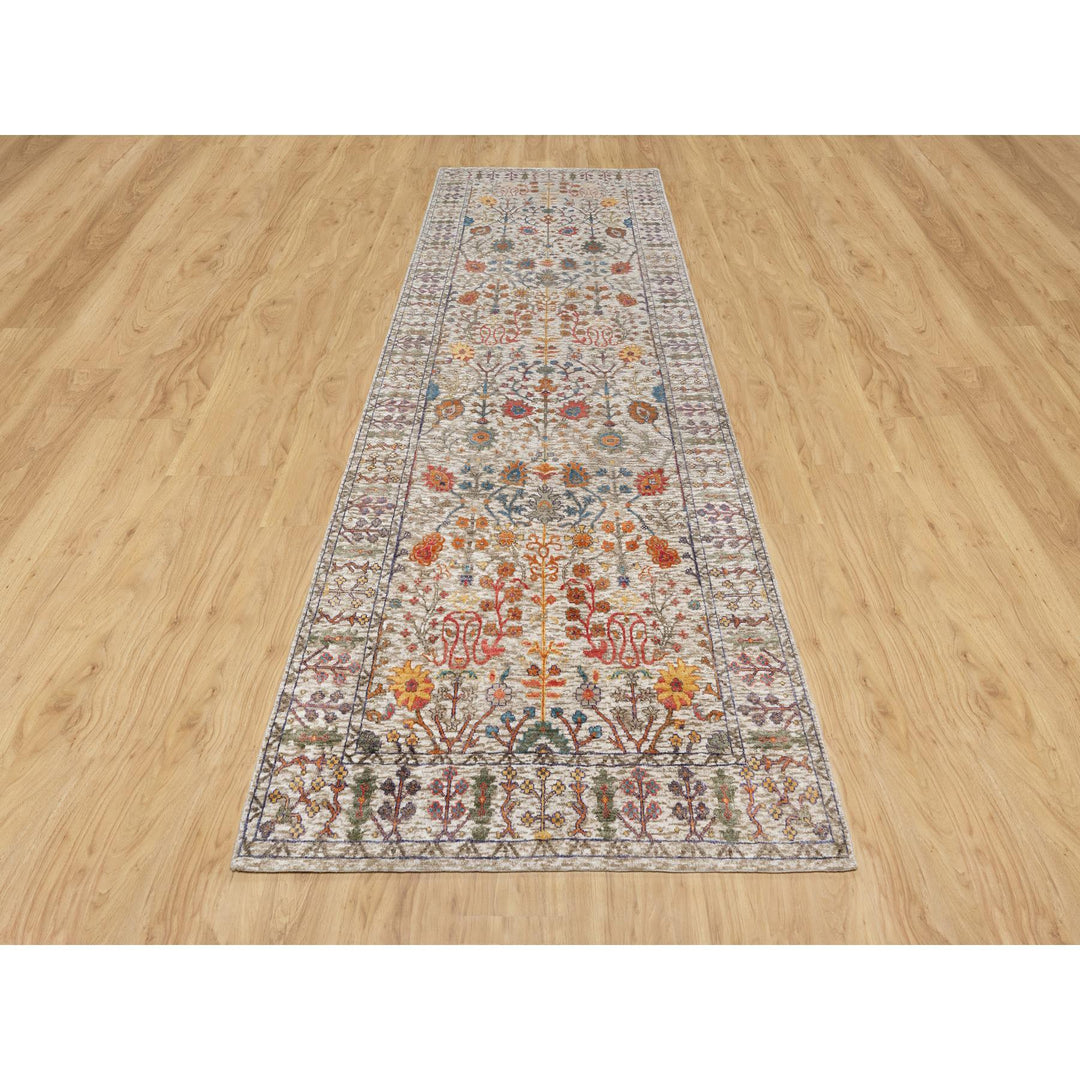4'2" x 11'11" New Hand Knotted Beige Wool & Silk Runner Oriental Rug - MOA10290967