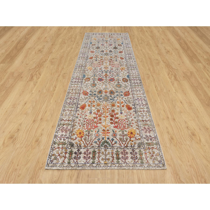 4'2" x 11'11" New Hand Knotted Beige Wool & Silk Runner Oriental Rug - MOA10290967