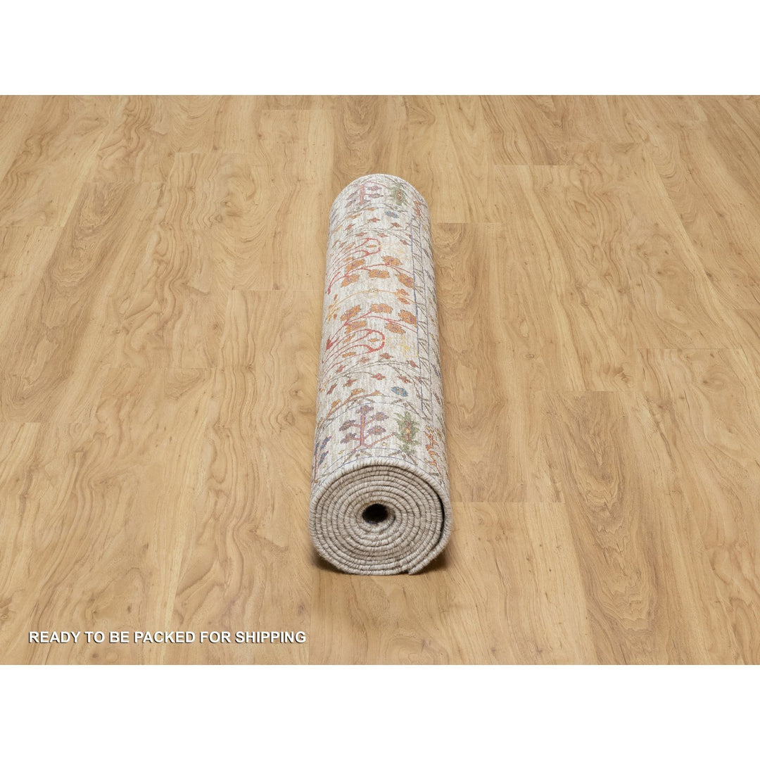 4'2" x 11'11" New Hand Knotted Beige Wool & Silk Runner Oriental Rug - MOA10290967