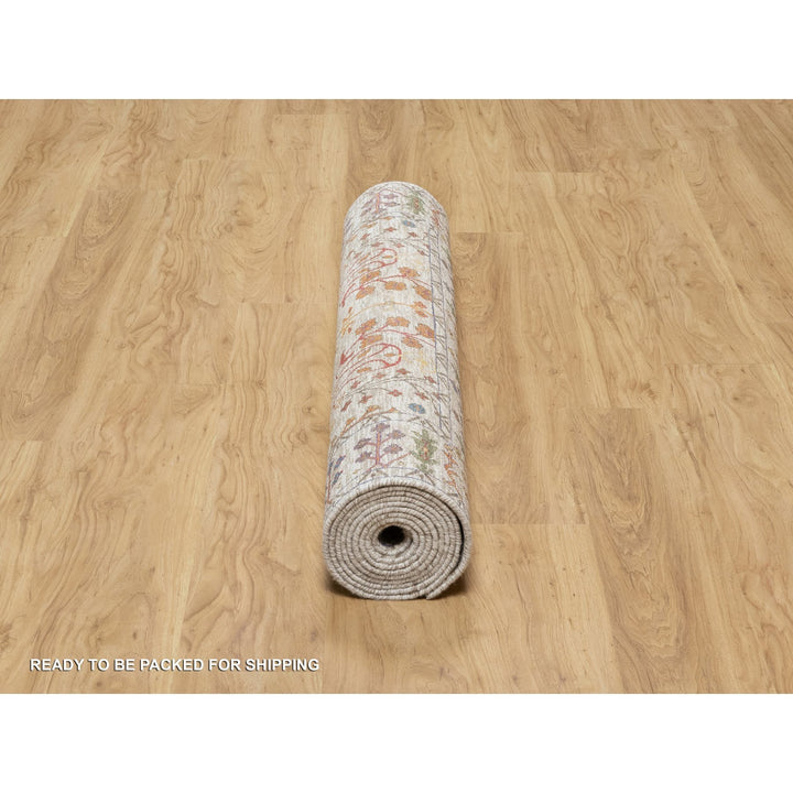 4'2" x 11'11" New Hand Knotted Beige Wool & Silk Runner Oriental Rug - MOA10290967