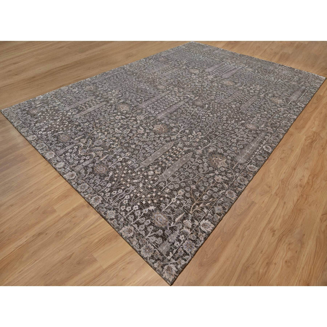 9'9" x 14'2" New Hand Knotted Grey Wool & Silk Rectangle Oriental Rug - MOA10291171