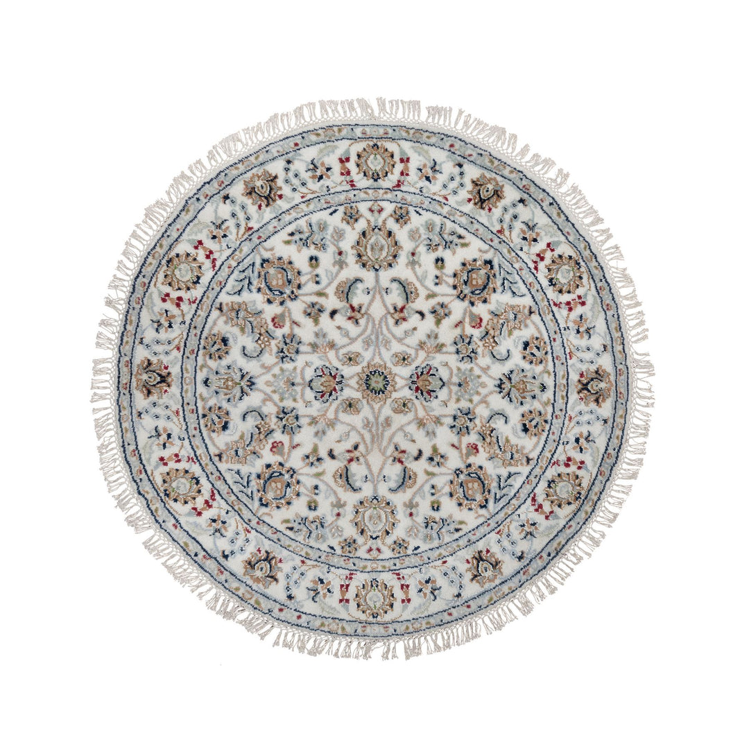 3'1" x 3'1" New Hand Knotted Ivory Wool & Silk Round Oriental Rug - MOA10291573