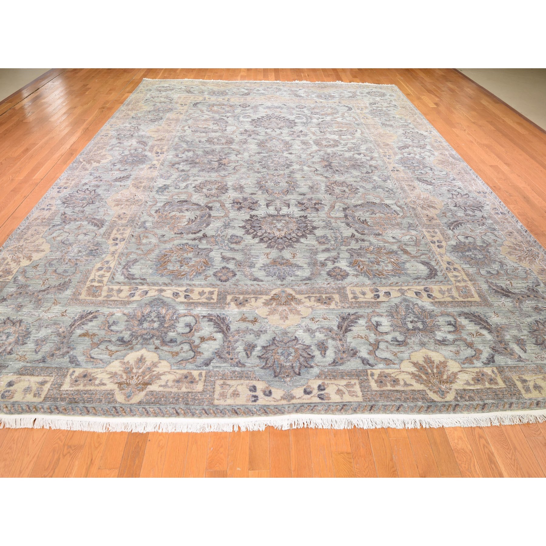 11'8"x15'3" Oversized Light Green Pure Silk With Textured Wool Mughal Design Hand Woven Oriental Rug 