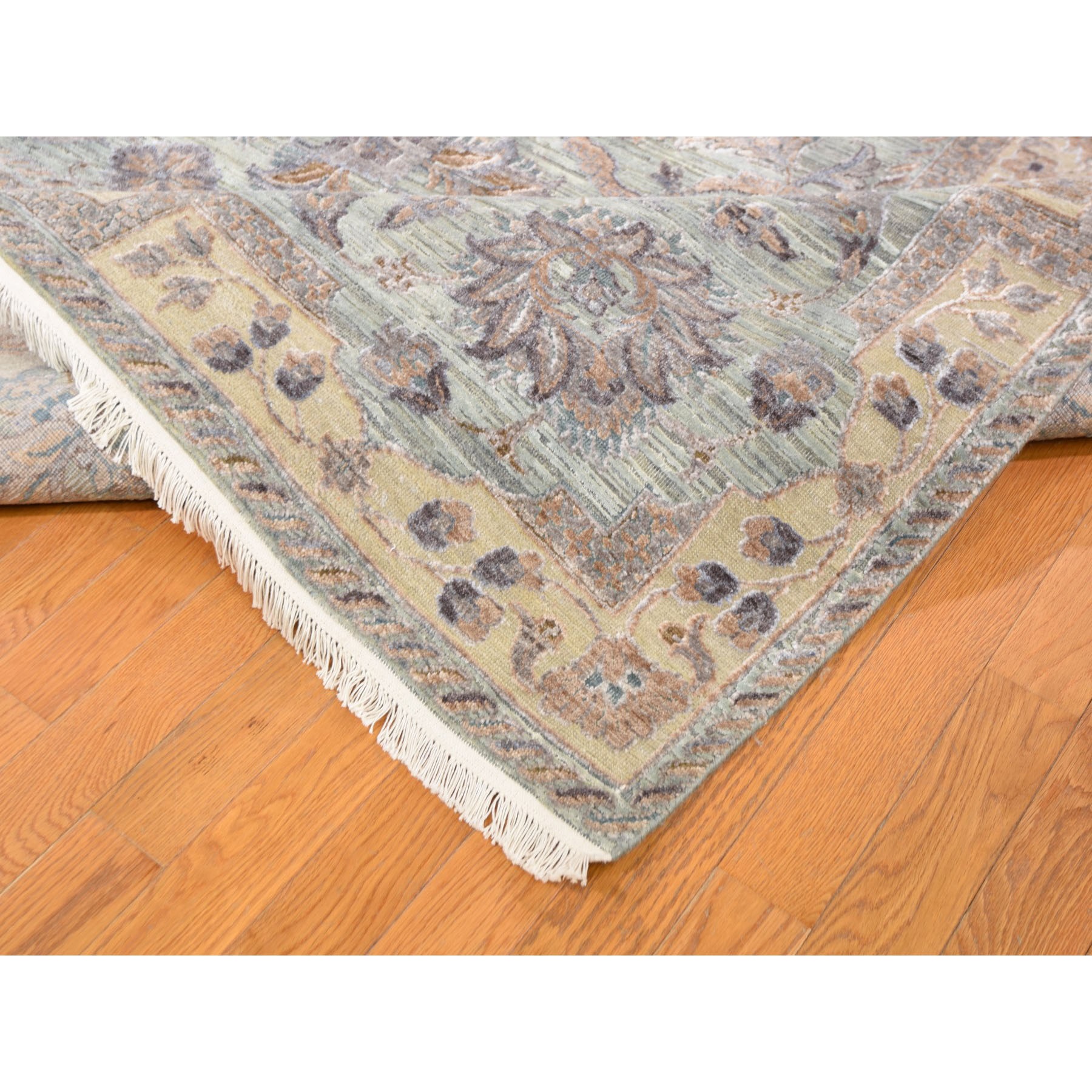 11'8"x15'3" Oversized Light Green Pure Silk With Textured Wool Mughal Design Hand Woven Oriental Rug 