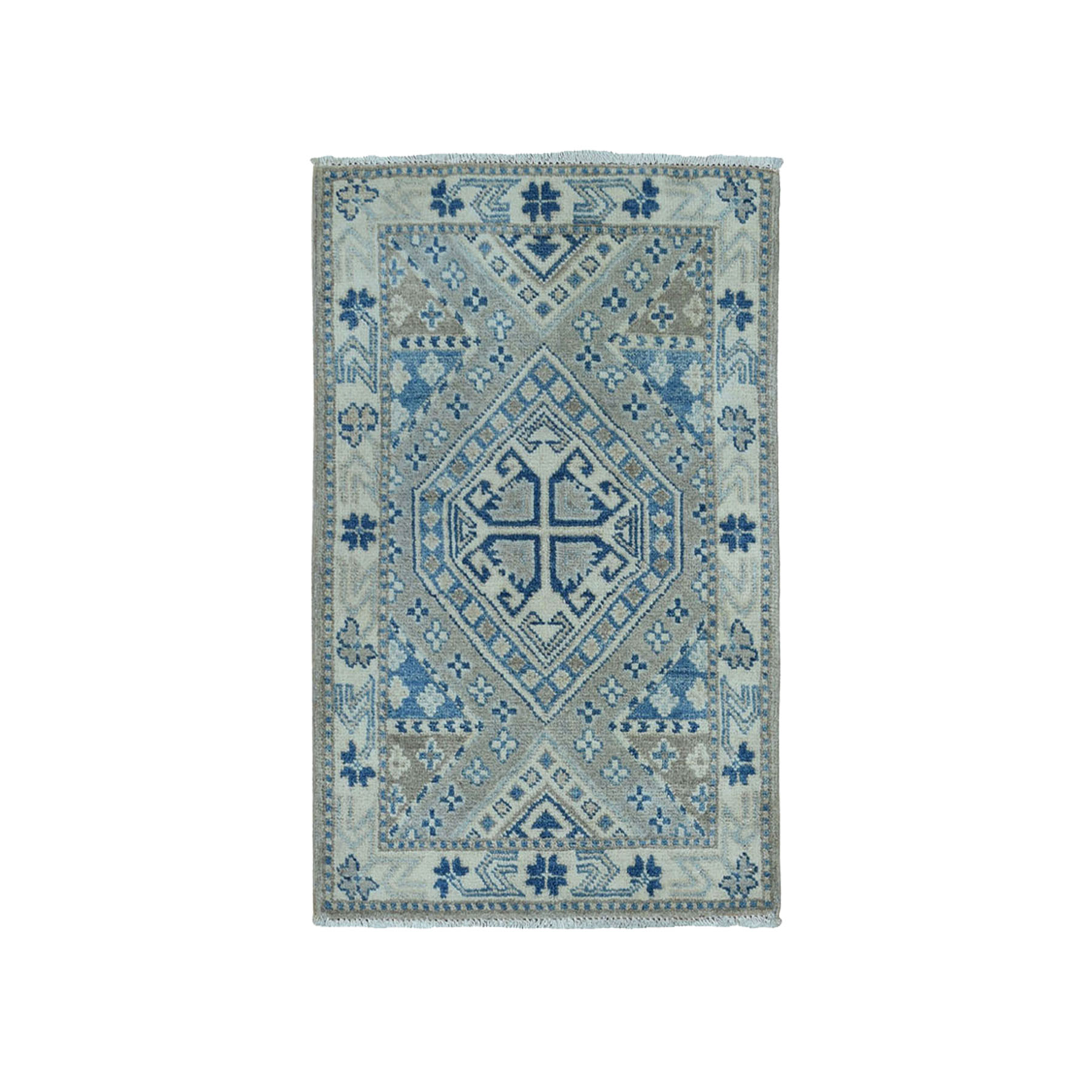 1'10"x2'9" Hand Woven Pure Wool Vintage Look Kazak Oriental Rug 