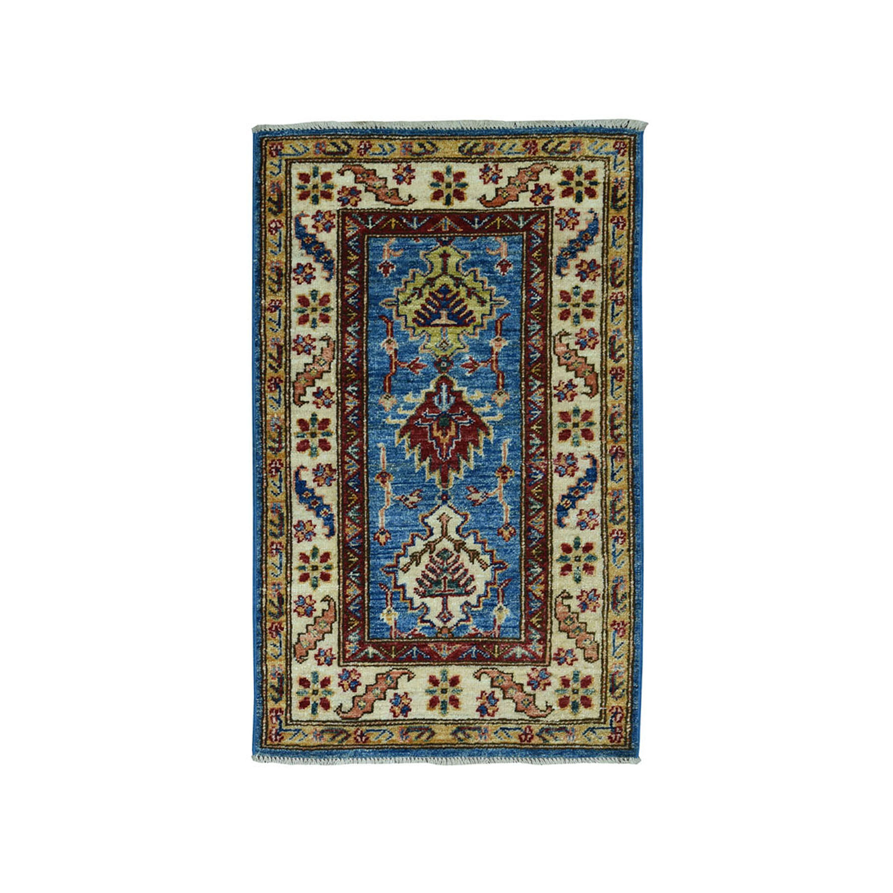 2'x3'6" Blue Super Kazak Pure Wool Geometric Design Hand Woven Oriental Rug 