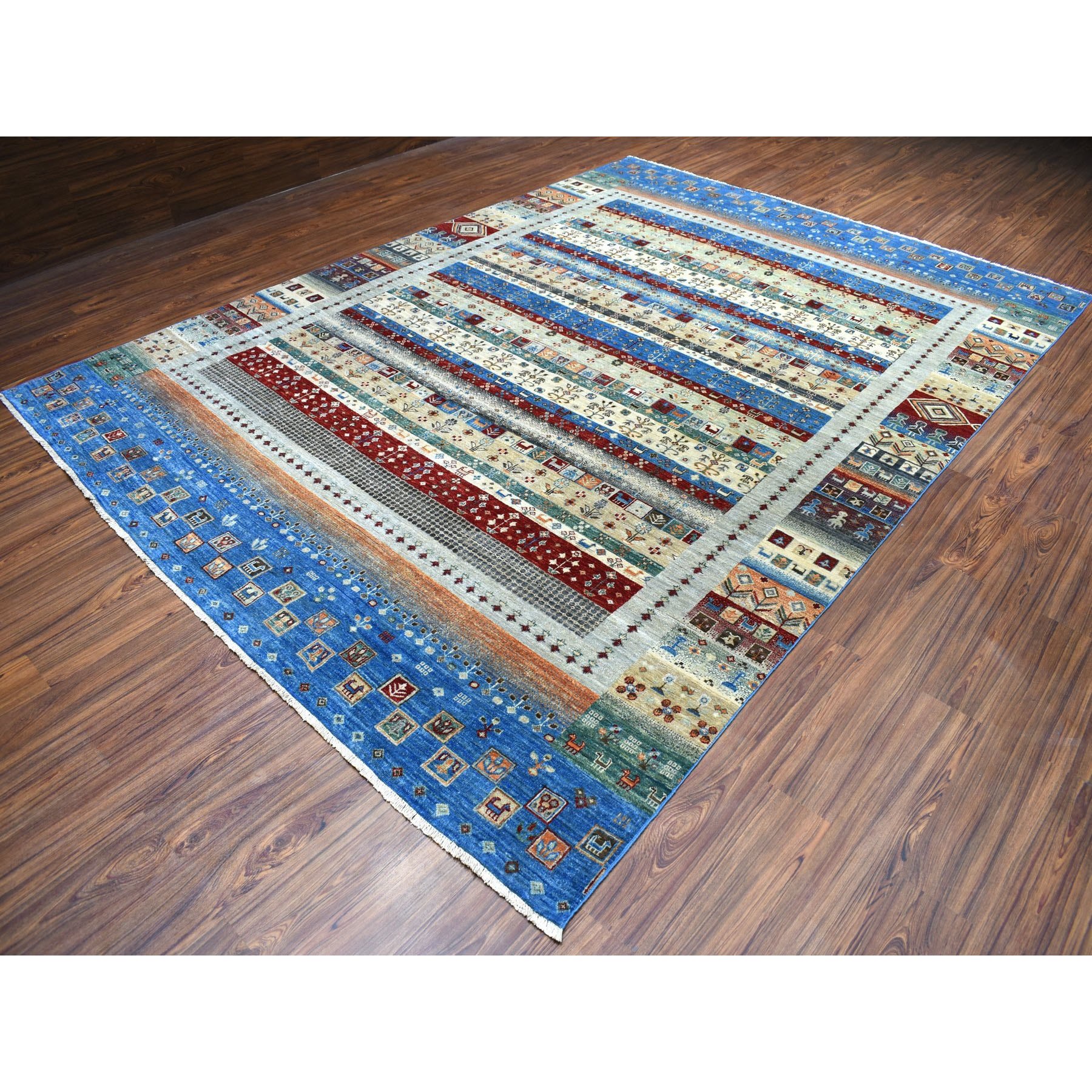 8'8"x12' Blue Kashkuli Gabbeh Pictorial Pure wool Hand-knotted Oriental Rug 