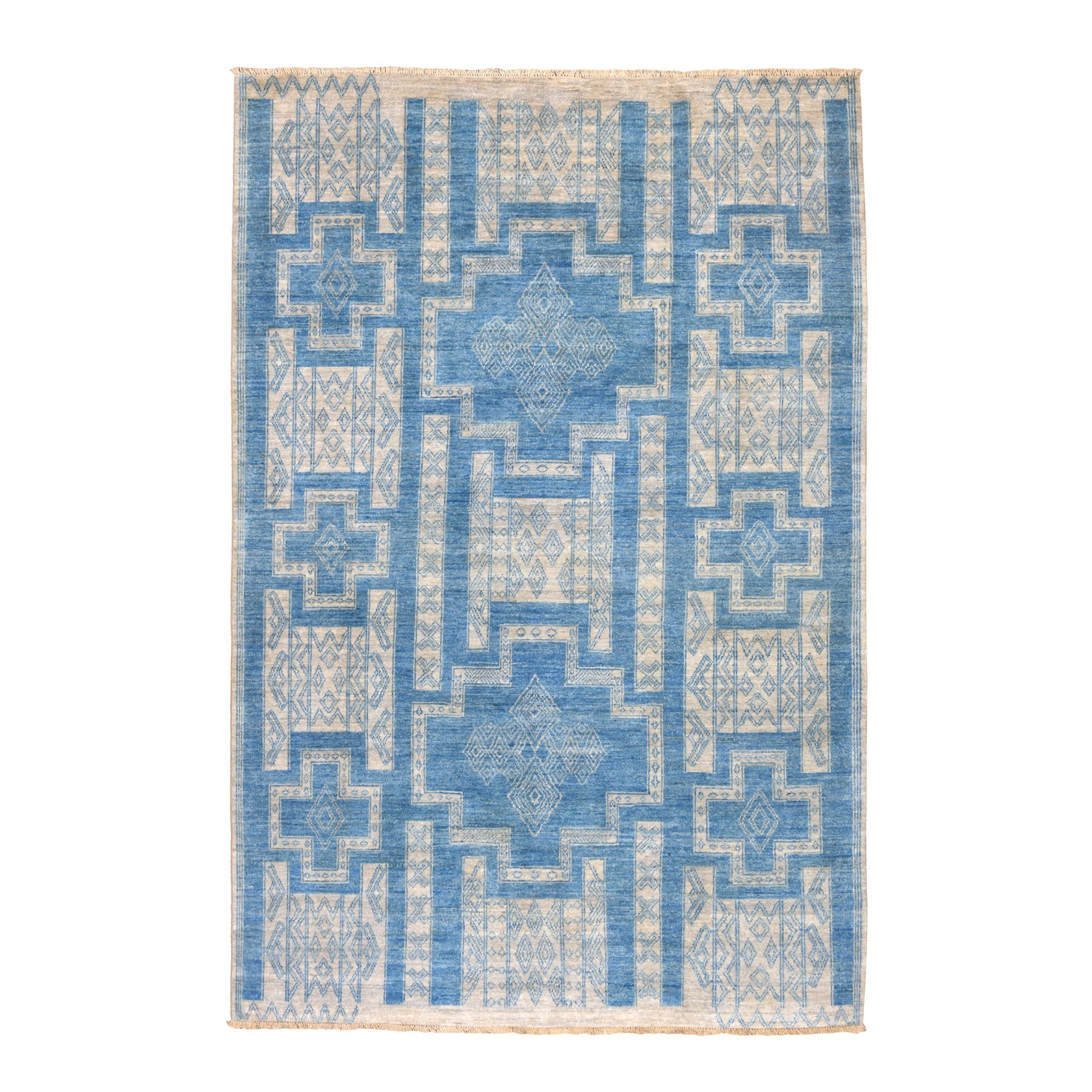 6'x8'9" Blue Hand Woven Pure Wool Peshawar with Berber Motifs Oriental Rug 