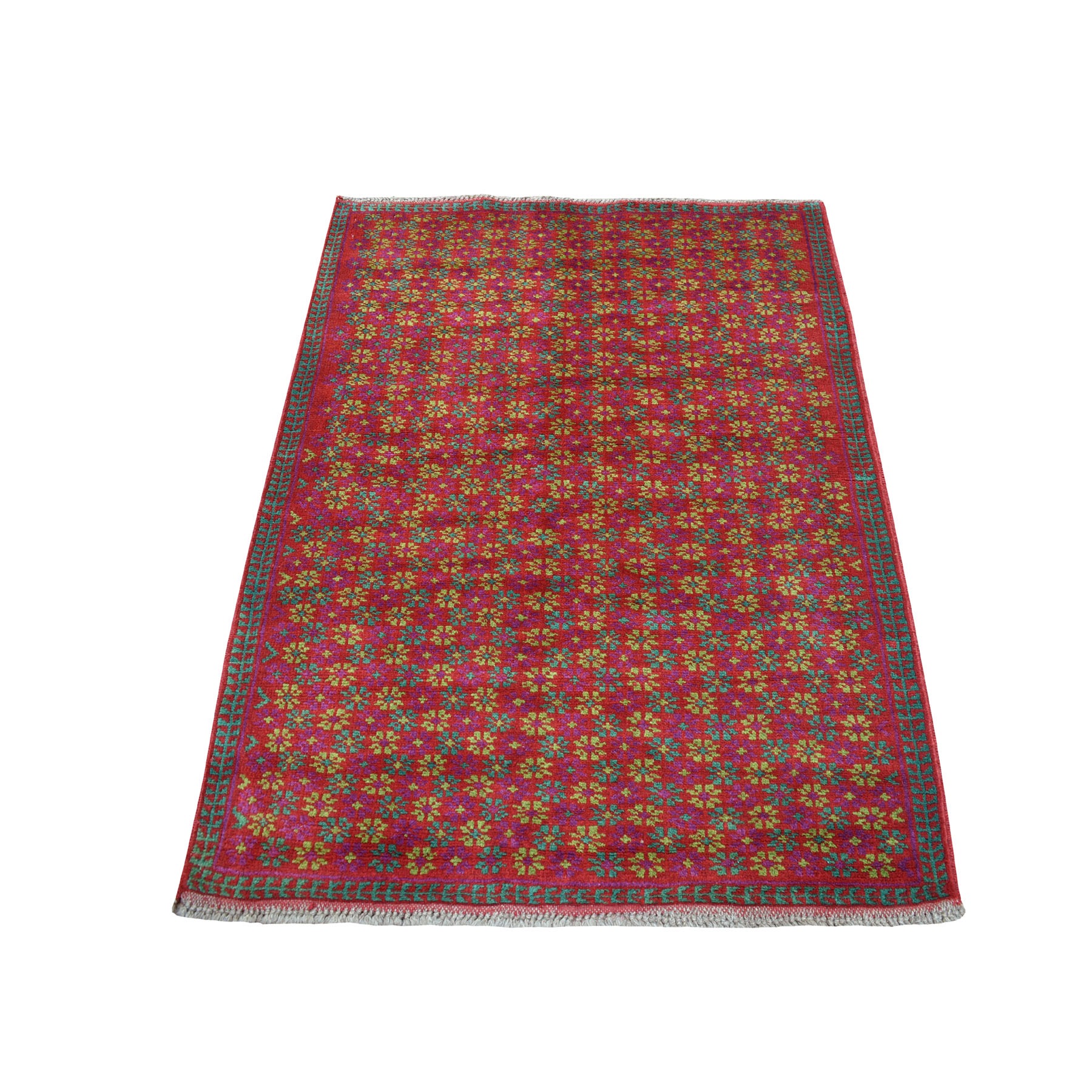 3'8"x4'7" Red Colorful Afghan Baluch All Over Design Hand Woven Pure Wool Oriental Rug 