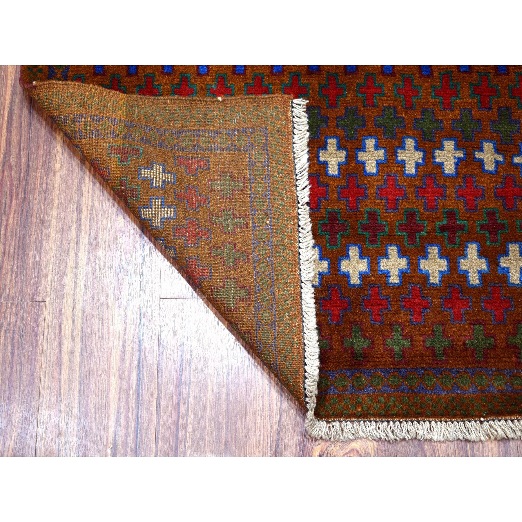 3'3"x4'7" Brown All Over Design Colorful Afghan Baluch Hand Woven Pure Wool Oriental Rug 