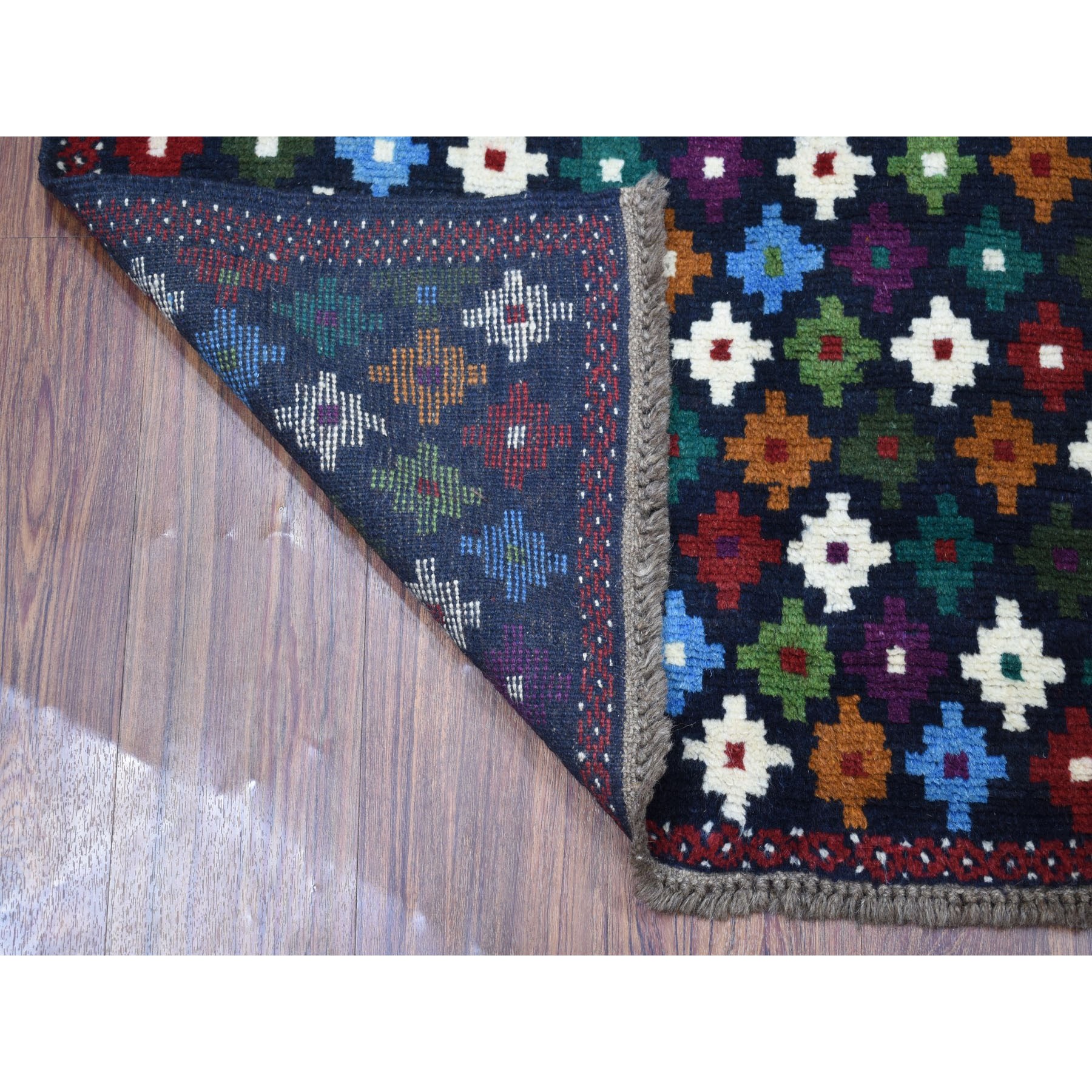 3'4"x4'8" Blue Colorful Afghan Baluch All Over Design Pure Wool Hand Woven Oriental Rug 
