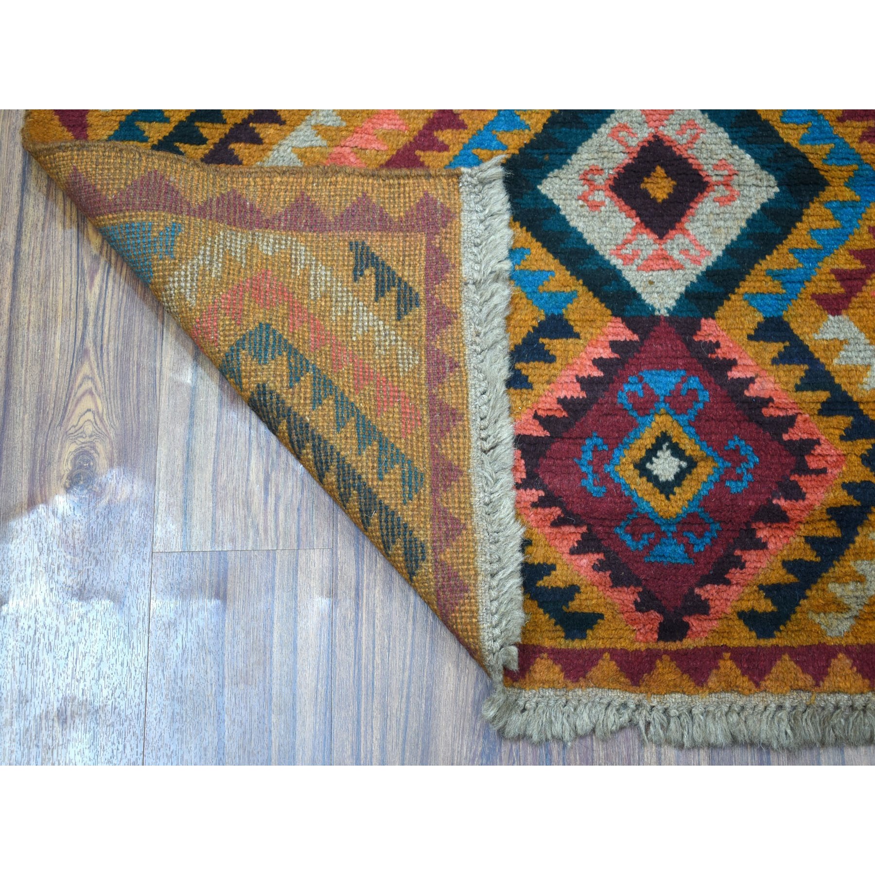 3'9"x6'3" Orange Colorful Afghan Baluch Geometric Design Hand Woven Pure Wool Oriental Rug 