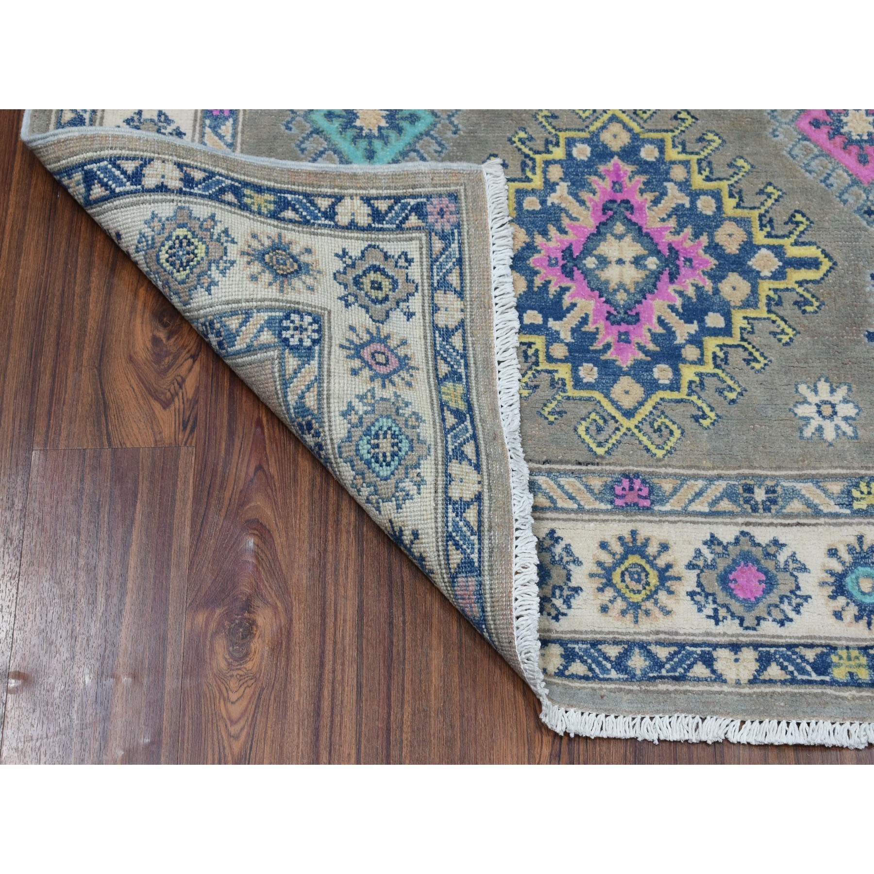 3'10"x5'9" Colorful Gray Fusion Kazak Pure Wool Geometric Design Hand Woven Oriental Rug 