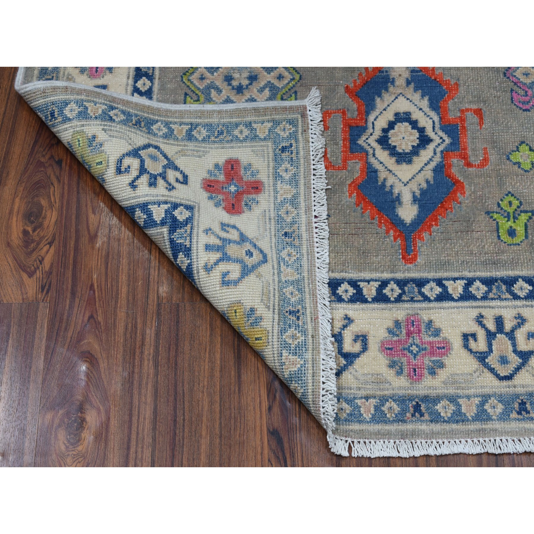 4'x5'10" Colorful Gray Fusion Kazak Pure Wool Geometric Design Hand Woven Oriental Rug 