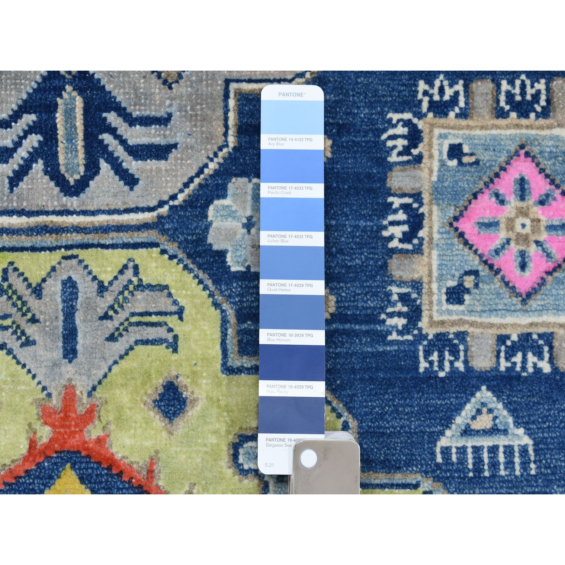 4'1"x5'9" Colorful Blue Fusion Kazak Pure Wool Geometric Design Hand Woven Oriental Rug 