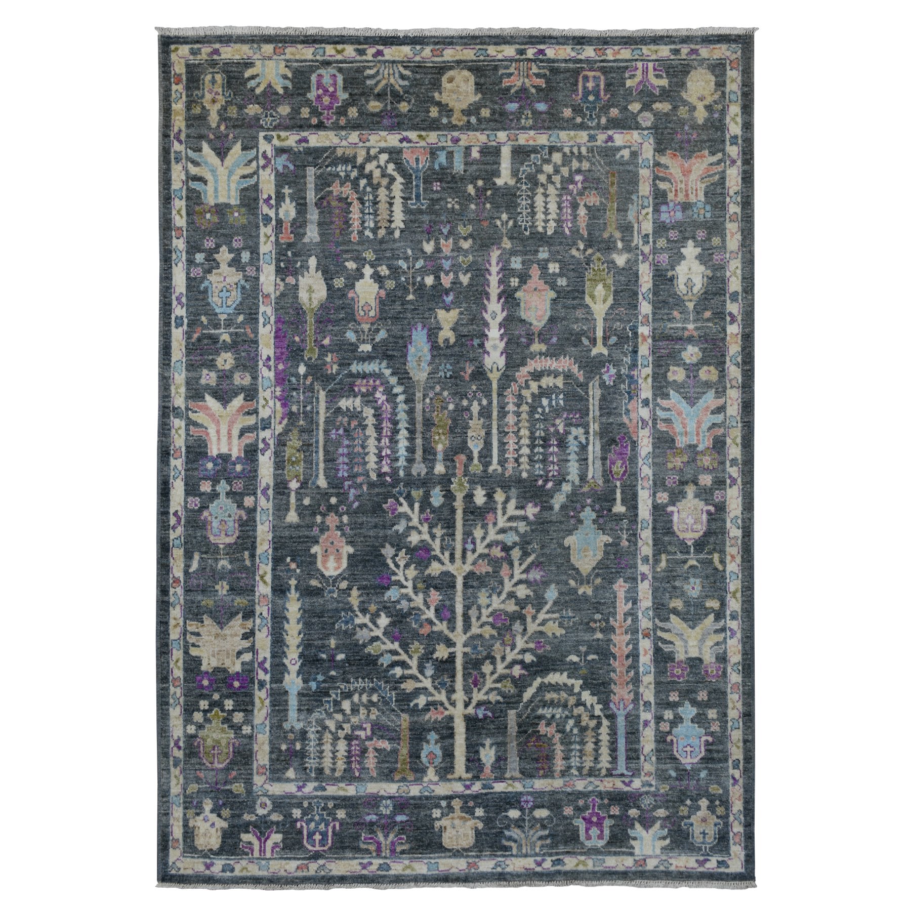 6'4"x8'9" Hand Woven Charcoal Gray Angora Oushak Willow and Cypress Tree Design Soft Velvety Wool Oriental Rug 