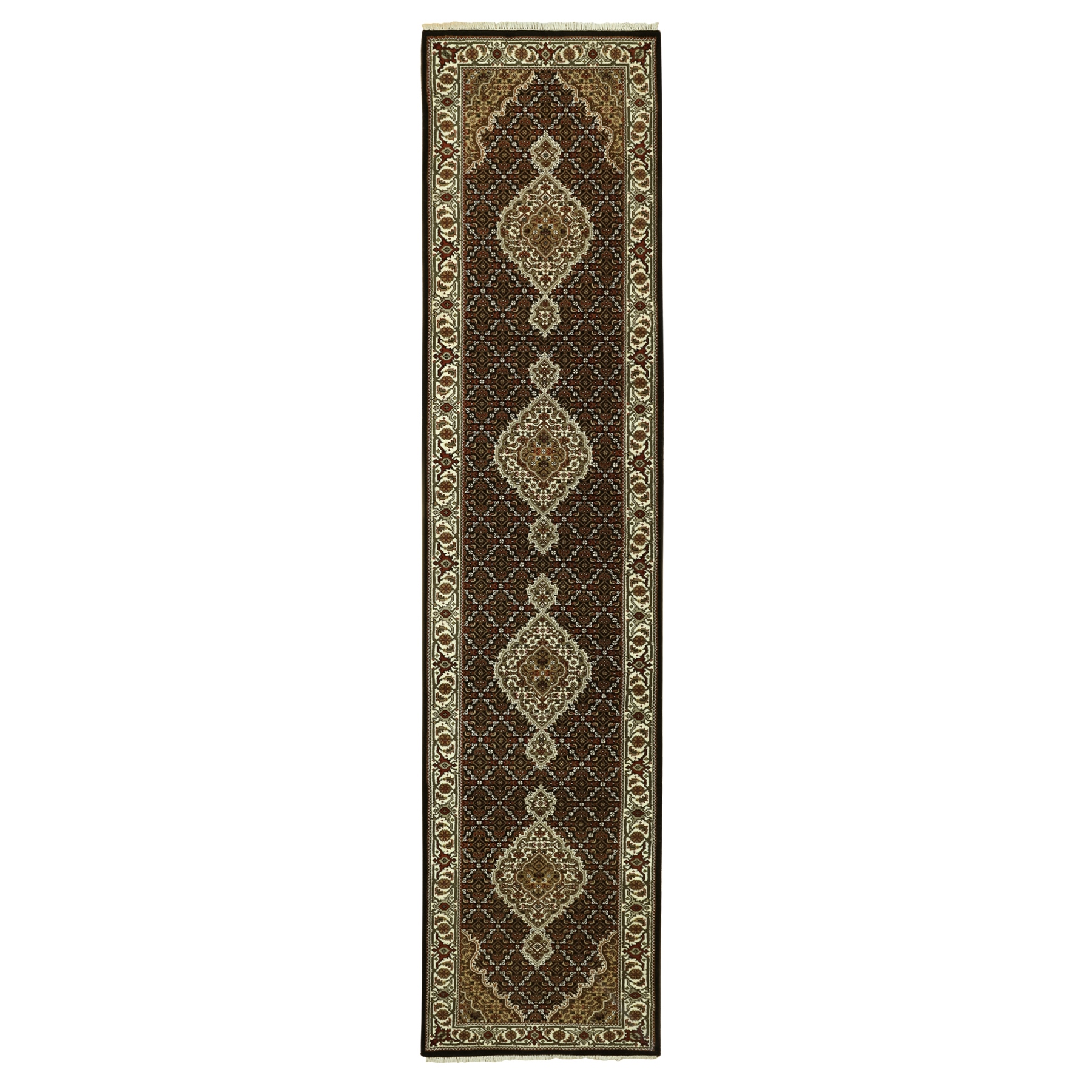 2'9"x12'2" Rich Black, Tabriz Mahi with Fish Medallion Design, 250 KPSI Wool and Silk Hand Woven, Runner Oriental Rug 