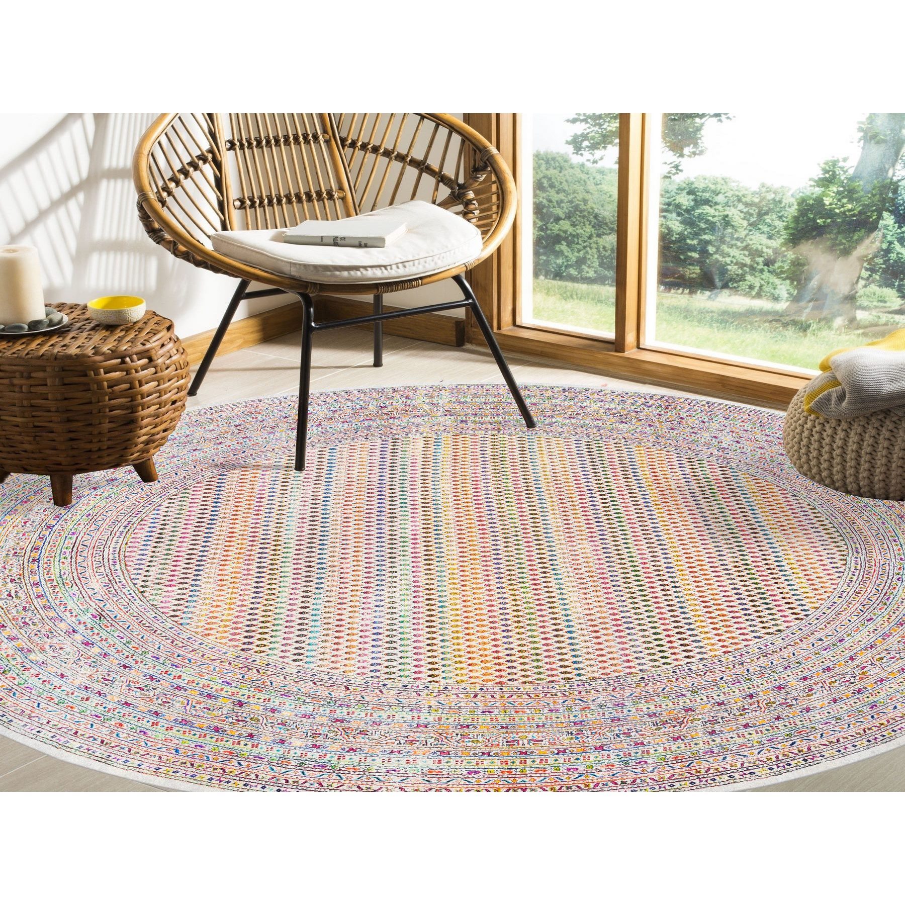 12'x12' Round Colorful Wool And Sari Silk Sarouk Mir Inspired With Multiple Borders Hand Woven Oriental Rug 